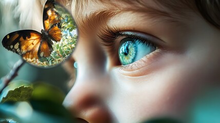 Poster - A Child's Eye Gazing at a Butterfly Through a Lens