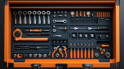 Wall Mural - Industrial tool chest filled with various tools, representing organization and readiness in industrial work.