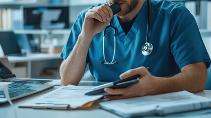 A doctor on the phone with a billing department discussing a medical invoice.