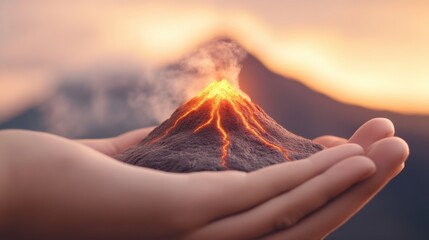 Poster - A person holding a hand over an erupting volcano, AI