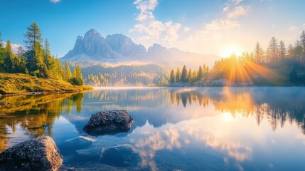 Fantastic sunny day on the lake Antorno in National Park Tre Cime di Lavaredo. Location Dolomiti alps, Province of Belluno, Italy, Europe. Perfect photo wallpapers. Discover the beauty of earth , ai