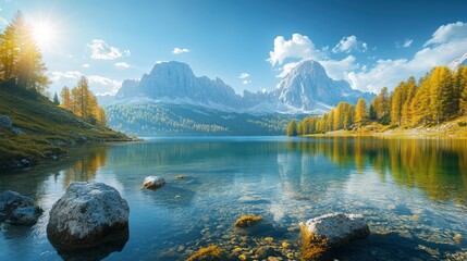 Fantastic sunny day on the lake Antorno in National Park Tre Cime di Lavaredo. Location Dolomiti alps, Province of Belluno, Italy, Europe. Perfect photo wallpapers. Discover the beauty of earth , ai