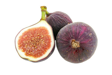 Three fresh figs, one cut in half, showcasing its sweet, juicy interior and vibrant purple skin, perfect for healthy recipes.