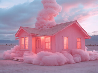 a pink house with a blue sky background and a red cloud above it. The house is made of pink bubbles.