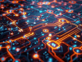 Dynamic close-up view of a vibrant circuit board showcasing blue and orange light patterns, ideal for technology themes.