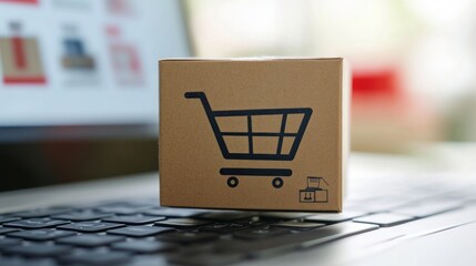 Cardboard Box with Shopping Cart Symbol on Laptop Keyboard