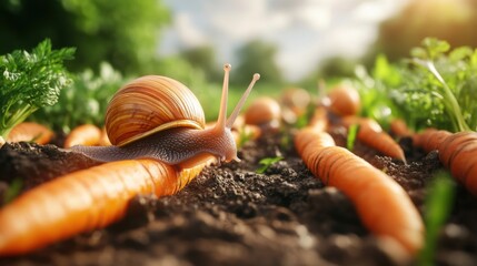 A snail crawling on a carrot in the dirt with other carrots, AI