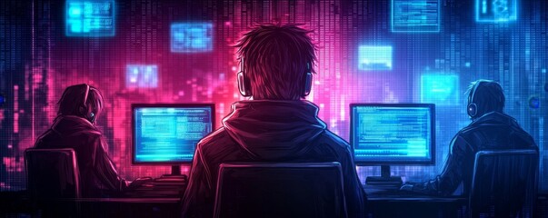 A futuristic digital scene depicting coders immersed in technology, illuminated by neon screens and data streams.