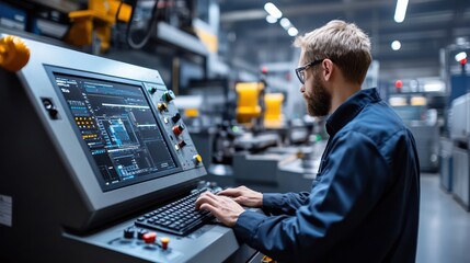 Operator using a computer to program a CNC machine, representing the integration of digital technology in manufacturing.