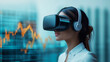© Ayla - A woman wearing a headphones and virtual reality headset is trading stocks and analyze business statistics a metaverse platform, Innovation and Technology.