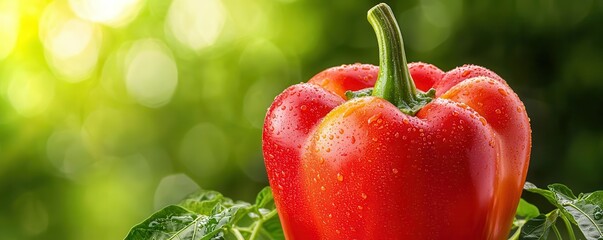 Wall Mural - Vibrant bell pepper with dewdrops glistening under natural sunlight, high realism, crunchy freshness, garden harvest