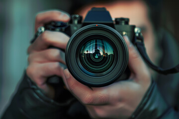 photographer take pictures Snapshot with camera. man hand holding with camera looking through lens.Concept for photographing articles Professionally.