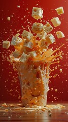 Poster - Cheese Cubes Splashing into Orange Liquid.