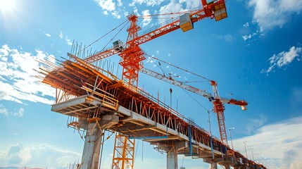 Wall Mural - Construction site with cranes and scaffolding under a blue sky.