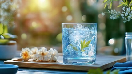 Wall Mural - Water glass with a frosted floral design, intricate and delicate,