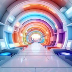 Poster - A vibrant, futuristic corridor with colorful lighting leading to a cityscape.