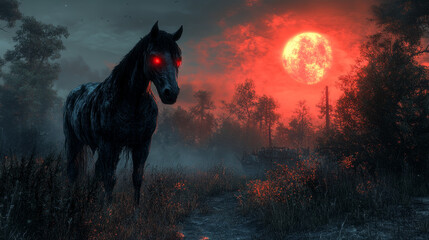 A dark horse with glowing red eyes stands in misty landscape under blood red moon, evoking sense of mystery and eeriness.