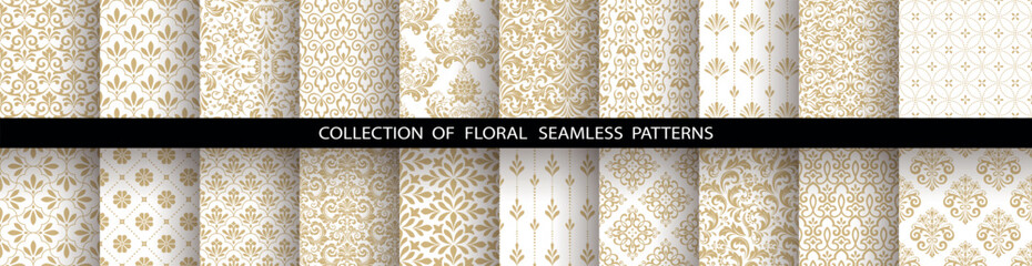 Leinwandbilder - Geometric floral set of seamless patterns. White and golden vector backgrounds. Damask graphic ornaments