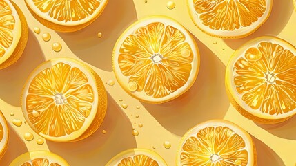 Wall Mural - Orange fruit illustration background pattern. Juicy and healthy summer food diet, half cut slice circles, yellow color backdrop