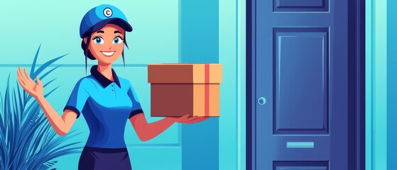 A cheerful delivery person holding a package at the door, ready to brighten your day with a timely delivery.