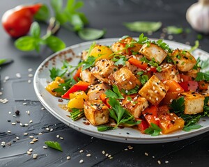 Wall Mural - Freshly Prepared Vegetable Stir fry with Tofu on White Plate Healthy Cuisine Concept