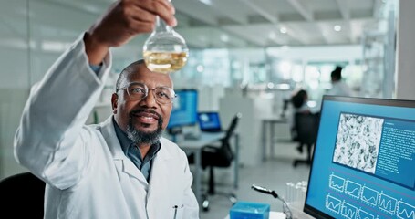 Wall Mural - Science, computer and black man with beaker in lab for inspection, research and medical assessment. Mature scientist, graphs and glass container by screen for chemistry, particle study and innovation