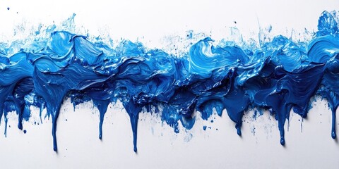 Abstract Blue Paint Dripping on White Canvas