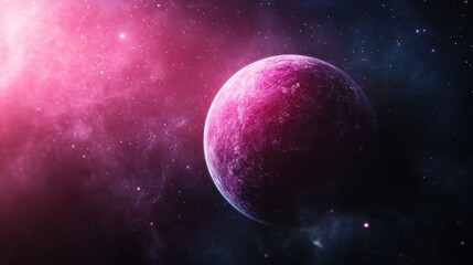 A striking image of a vibrant pink-hued planet floating amidst a backdrop of stars in space, showcasing the beauty and mystery of the universe.