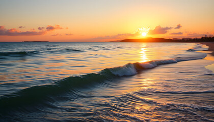 side view of beautiful scenic early morning sun rise rays over lake sea beach inlet water waves on horizon orange sky clouds in nature holidays outdoors isolated with white highlights, png