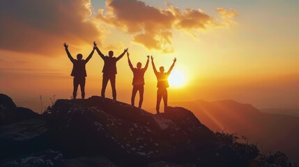 Wall Mural - Silhouette of team stand and feel happy on the most hight at the mountain on sunset, success, leader, teamwork, target, Aim, confident, achievement, goal, on plan, finish, generate by AI.