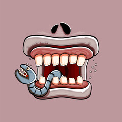 Wall Mural - Vector cartoon funny silly zombie monster mouth with rotten teeth and worm isolated on grey background. Vector happy Halloween kids t-shirt design template with funky monster face