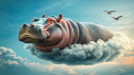 Sticker - A hippo is floating in the clouds with birds flying around it, AI