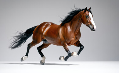 A stunning brown horse galloping gracefully, showcasing its strength and beauty in motion against a neutral background.