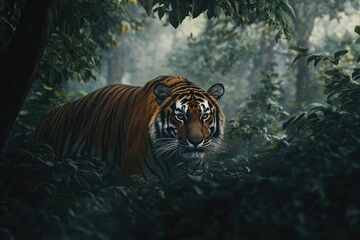 Tiger Stalking Through Dense Jungle Foliage