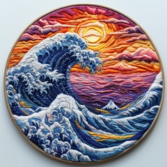 Wall Mural - Embroidery of a wave and sunset.