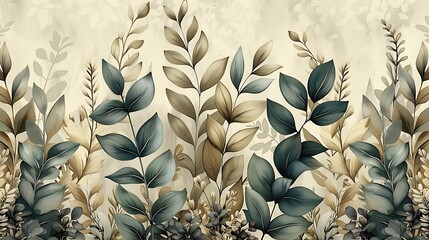 Wall Mural - Bohemian seamless wallpaper featuring mystical plants like sage, lavender, and eucalyptus, hand-drawn in vintage style, soft, muted colors, intricate details, natural light effect, dreamy and serene,