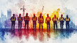 © zhou yan - Construction workers in colorful safety gear stand together, viewed from behind, with vibrant watercolor splashes forming an abstract background, highlighting unity, diversity, and collaboration in th