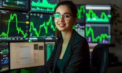 Confident Businesswoman in Glasses Looking at Charts in Office.