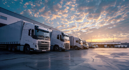 Poster - A row of modern white trucks parked in front of the warehouse, with a blue sky and sunset in the background