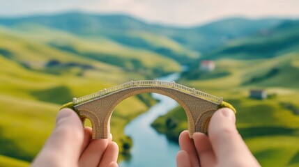 Canvas Print - A person holding a miniature bridge over green hills, AI