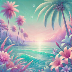 Fantasy Illustration in Pastel Colors, Featuring a Serene Tropical Scene with tall, Swaying Palm Trees, a Calm Ocean in the Background, and Lush