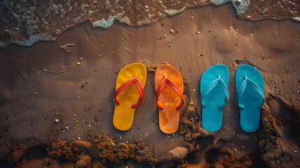 Poster - top view of coloured flip flops pair in tropical sand beach