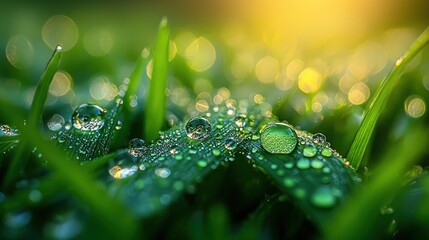 Wall Mural - Dew Drops on Grass Blades