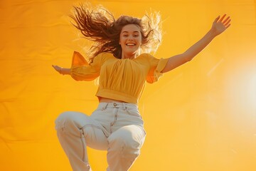 Happy Woman Jumping in Summer Sunshine