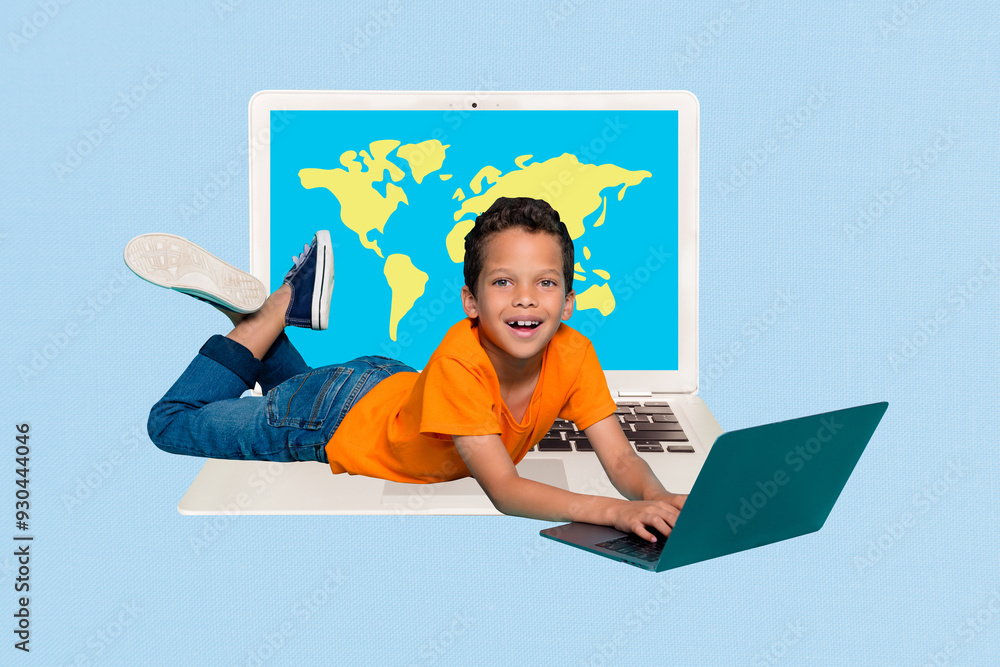Стокове фото Composite photo collage of happy american boy lay macbook ...