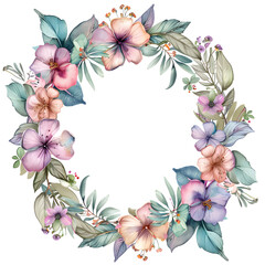 Wall Mural - Watercolor floral wreath. Round frame with flowers and leaves. Hand painted illustration.