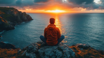 Canvas Print - Man Contemplating Sunset Over the Sea