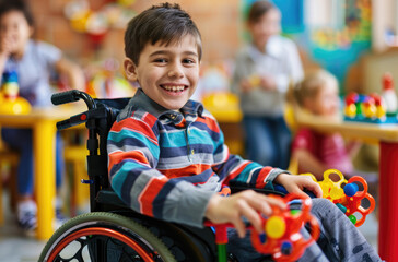 Wall Mural - A happy child in their wheelchair playing with toys at the kindergarten, surrounded by other children and a teacher smiling nearby