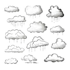 hand drawn sketchy cloud collection isolated on white. sketched black pencil clouds outline illustra