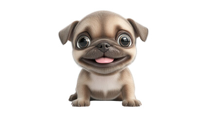 Realistic 3d render of a happy, furry and cute baby Bulldog smiling with big eyes looking strainght